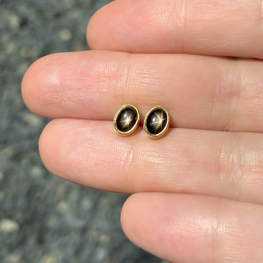 Monica Marcella Oval Black Star Sapphire Gold Stud Earrings