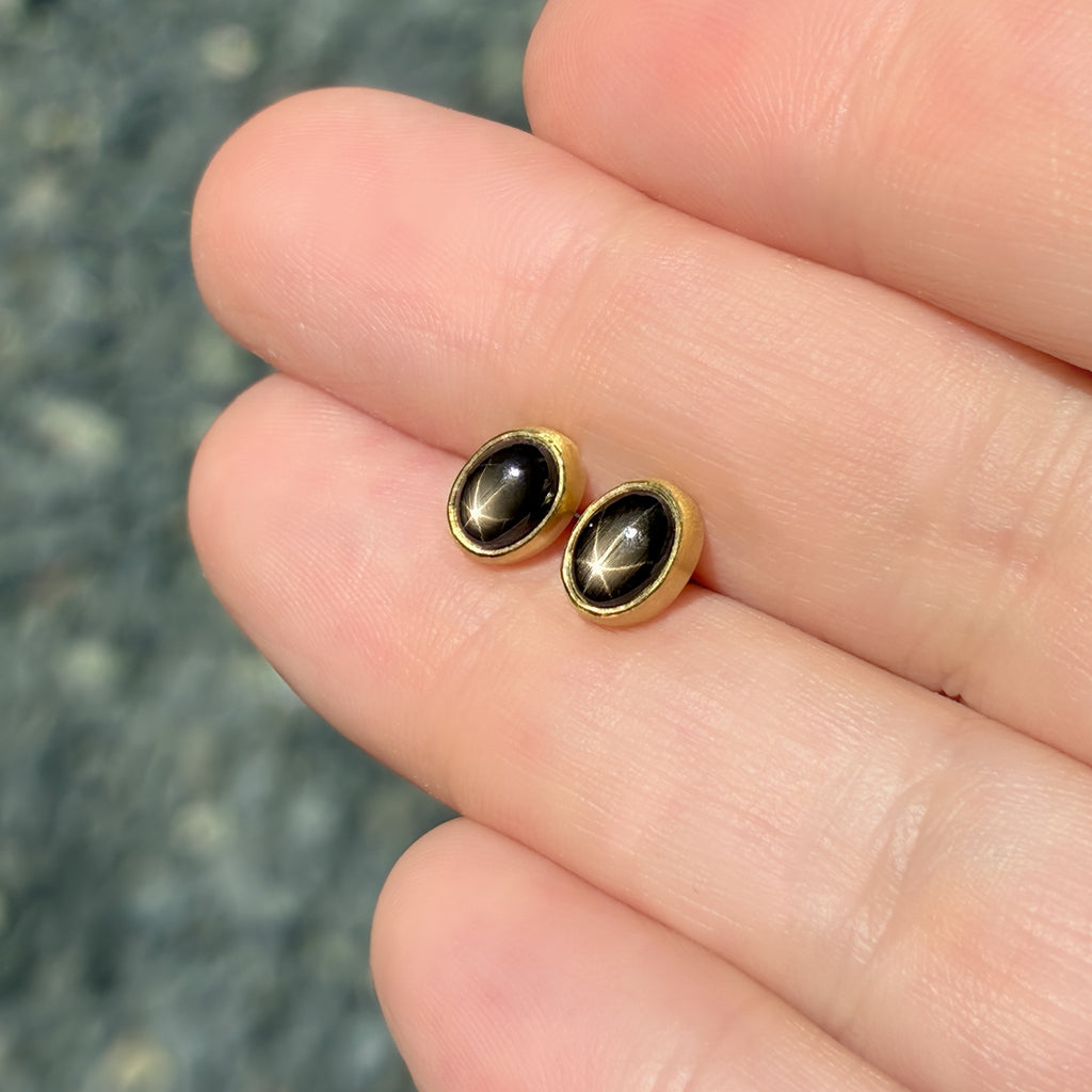 Monica Marcella Oval Black Star Sapphire Gold Stud Earrings