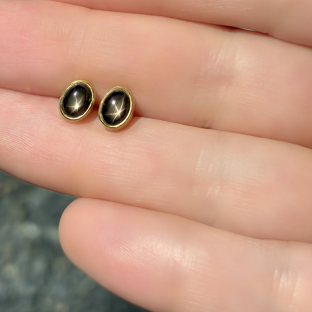 Monica Marcella Oval Black Star Sapphire Gold Stud Earrings