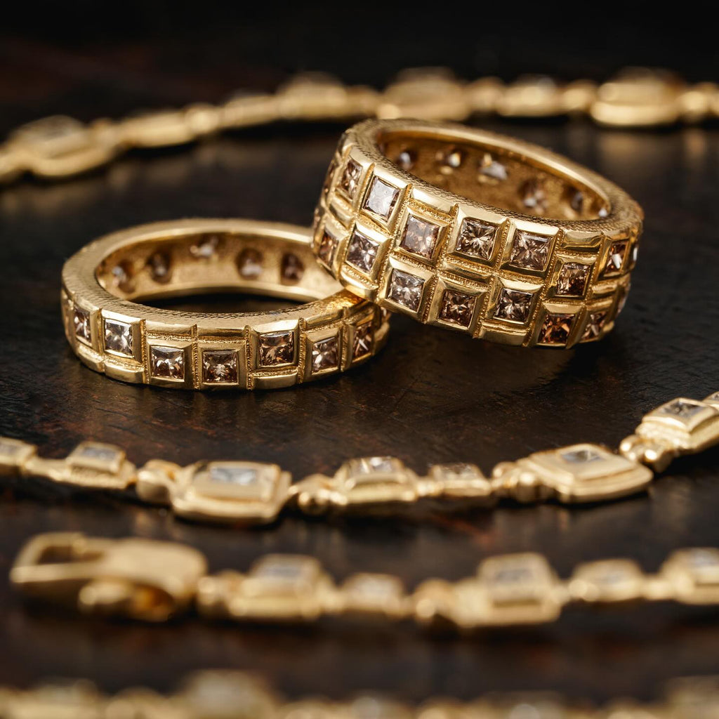 Audrius Krulis Princess Cut Champagne Diamond Gold Eternity Band Ring