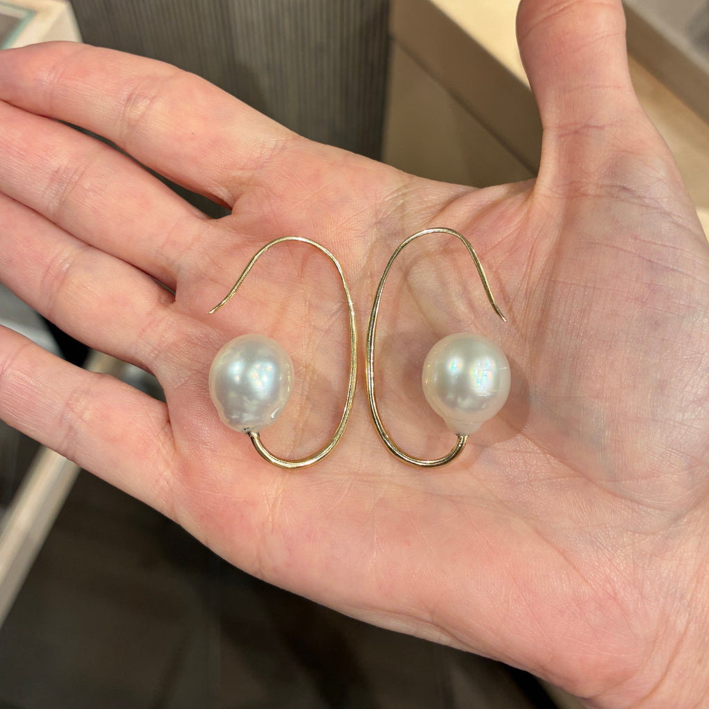 Just Jules One-of-a-Kind Baroque South Sea Pearl Drop Back Hoop Gold Earrings