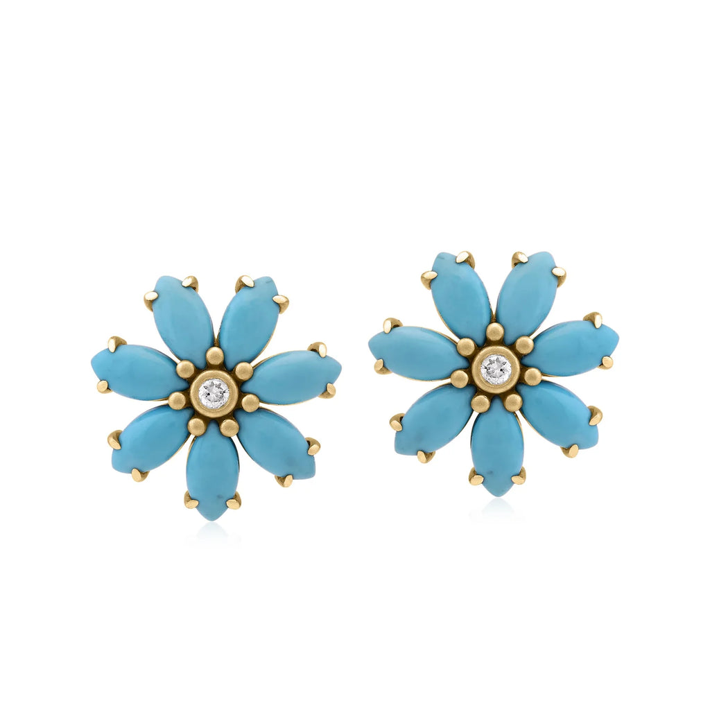Liza Beth Turquoise Flower Diamond Gold Stud Earrings