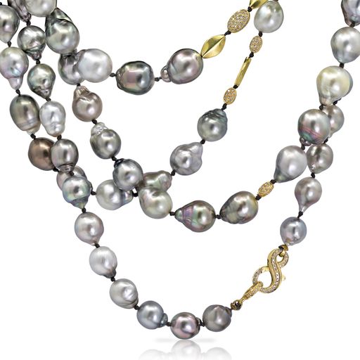 Just Jules Tahitian Baroque Pearl Diamond Gold Long Necklace