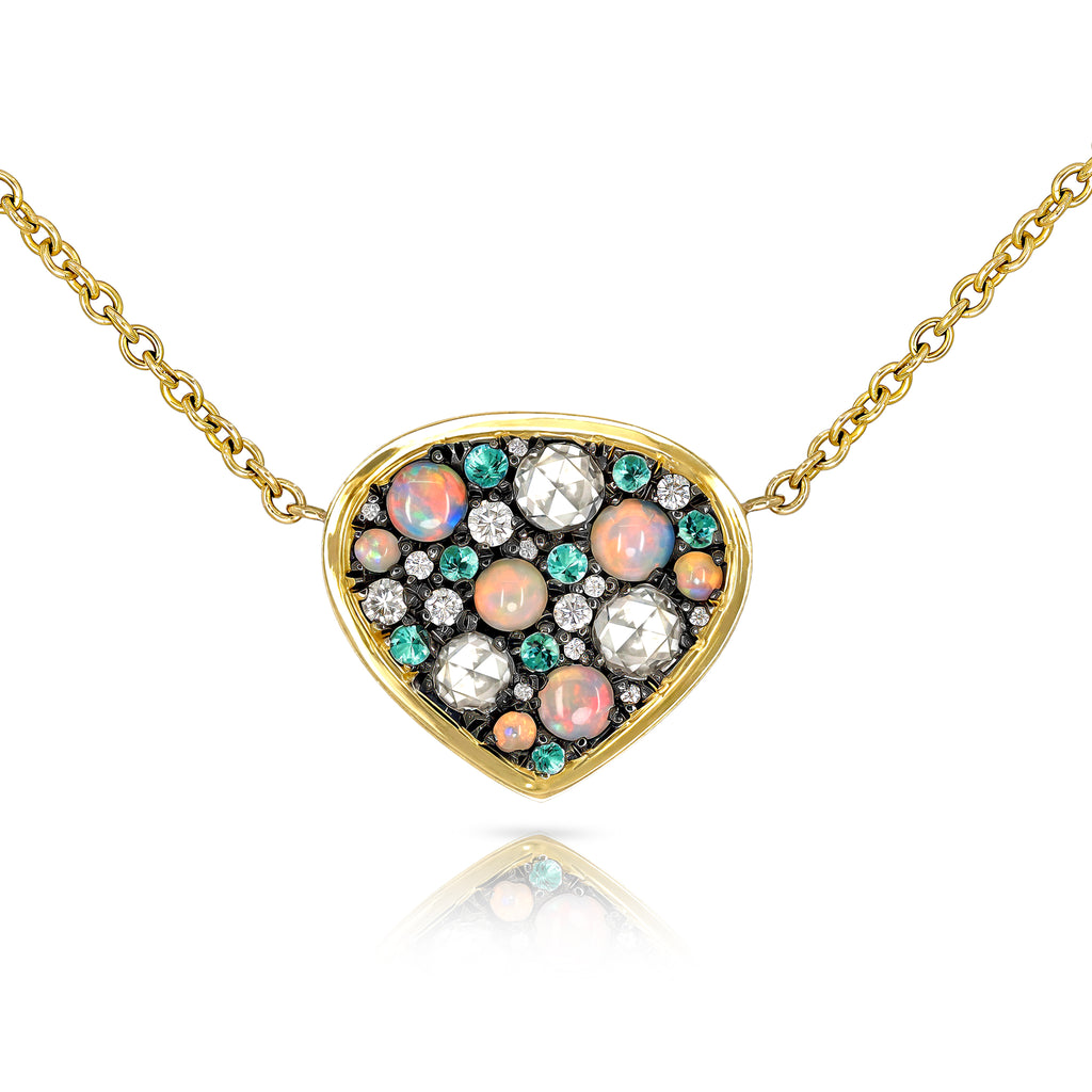 Joke Quick Australian Opal + Paraiba Tourmaline + White Diamond Gold Pendant Necklace