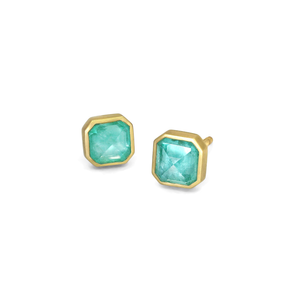 Lola Brooks Emerald Cut Brazilian Emerald Gold Stud Earrings