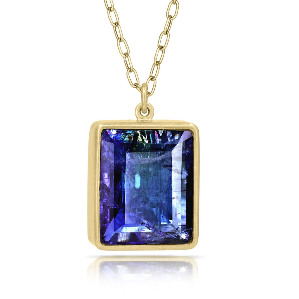 Lola Brooks Flashy Tanzanite One of a Kind Gold Rectangle Necklace