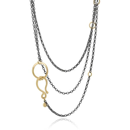 Lisa Ziff Gold Black Rhodium Silver Long Single Bud Chain Necklace