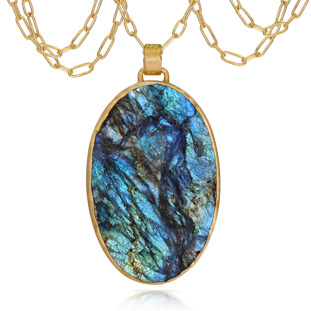 Lola Brooks Brutalist 94.6 carat Labradorite Handmade Gold Chain Necklace