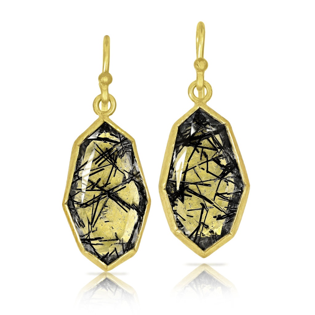 Petra Class Black Tourmalinated Quartz Yellow Gold Dangle Drop Earrings