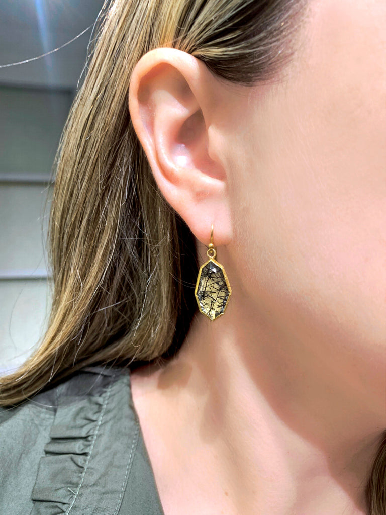 Petra Class Black Tourmalinated Quartz Yellow Gold Dangle Drop Earrings