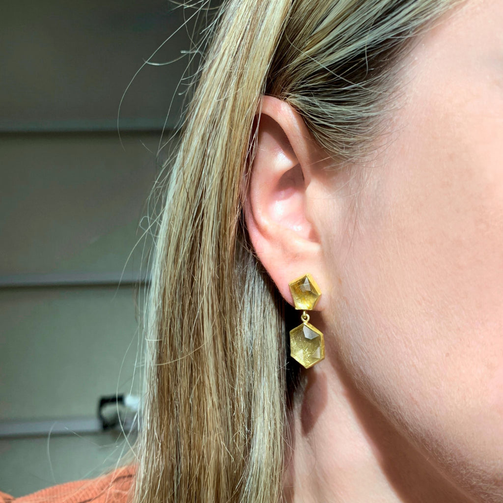 Petra Class One of a Kind Polygonal Golden Rutilated Quartz Gold Earrings