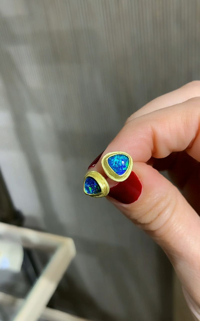 Petra Class Electric Green Deep Blue Opal Doublet Gold Stud Earrings