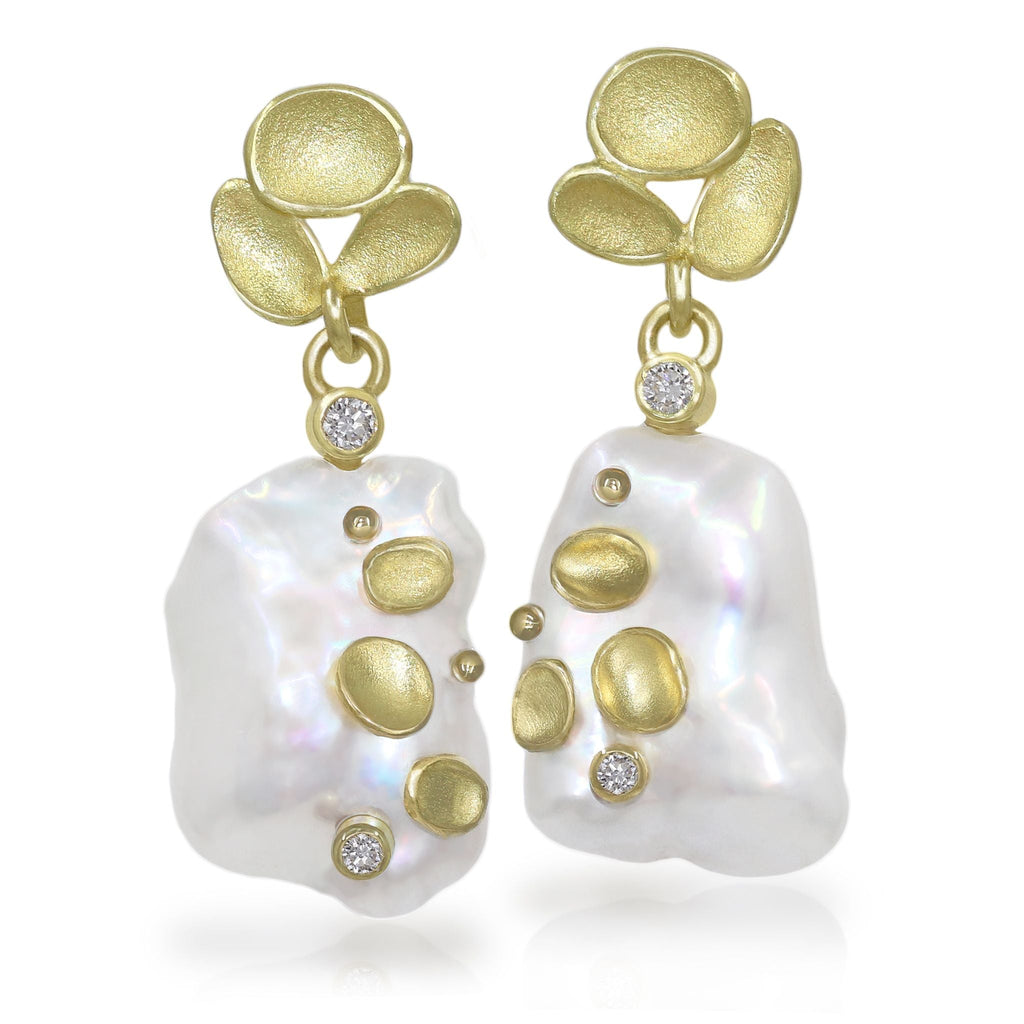 Barbara Heinrich One of a Kind Iridescent White Pearl Diamond Gold Earrings Barbara Heinrich