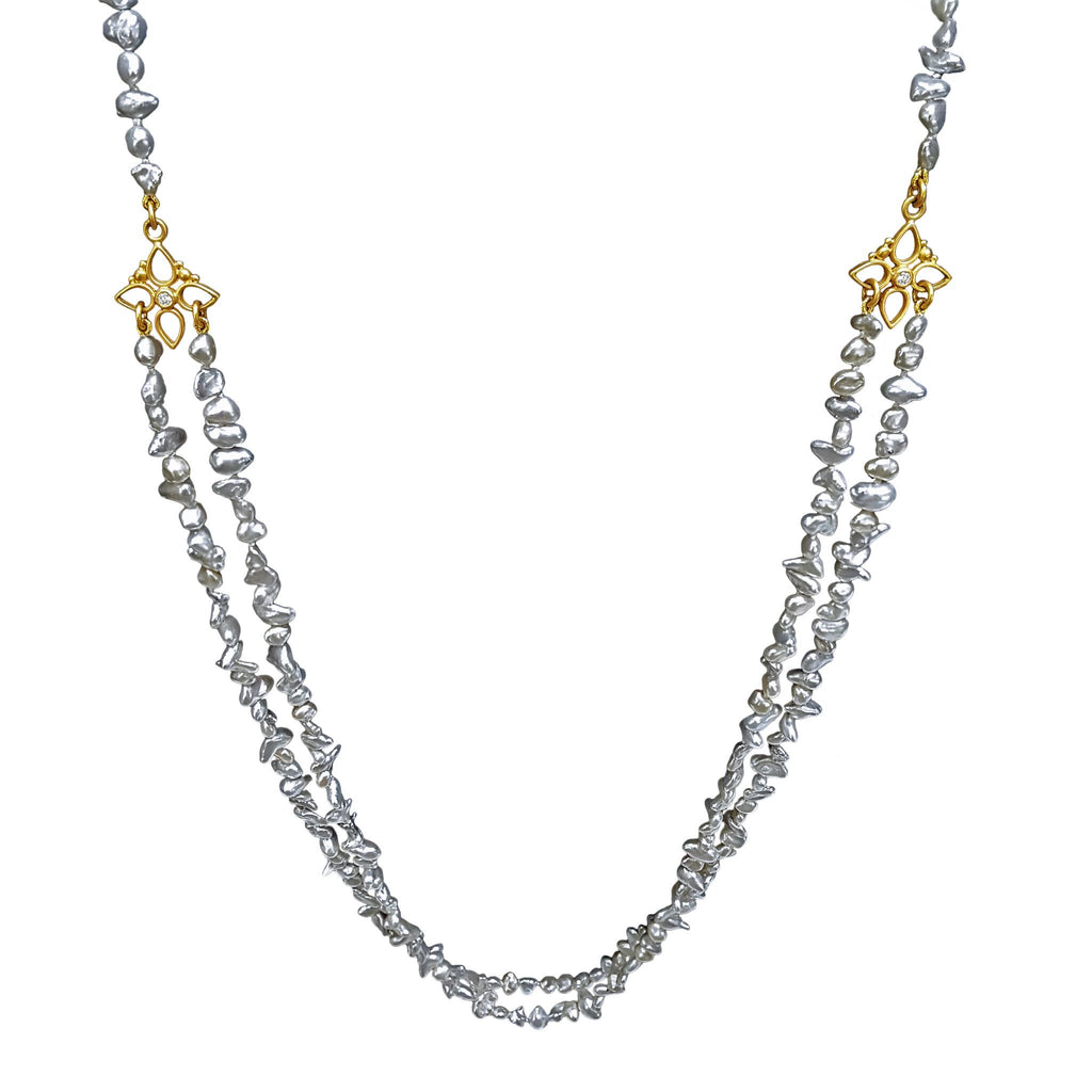 Denise Betesh Blue Silver Keshi Pearl Double Strand Gold Diamond 36" Necklace Denise Betesh