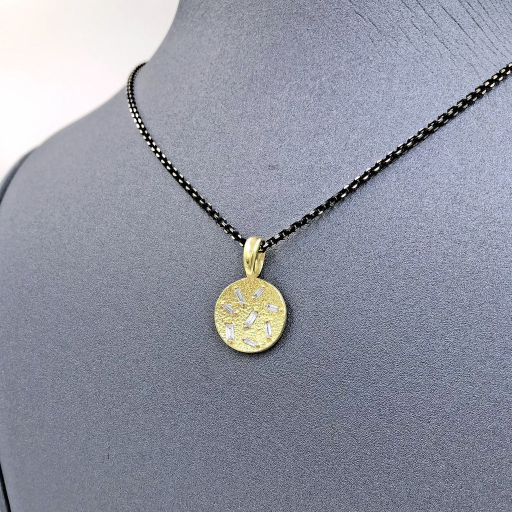 Elizabeth Garvin Diamond Baguette Concave Coin Gold Drop Necklace (Special Order) Elizabeth Garvin Fine