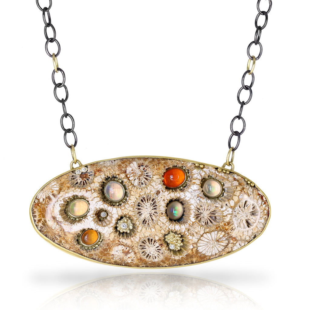 Kothari Fire Opal White Diamond Fossilized Coral One of a Kind Necklace Kothari