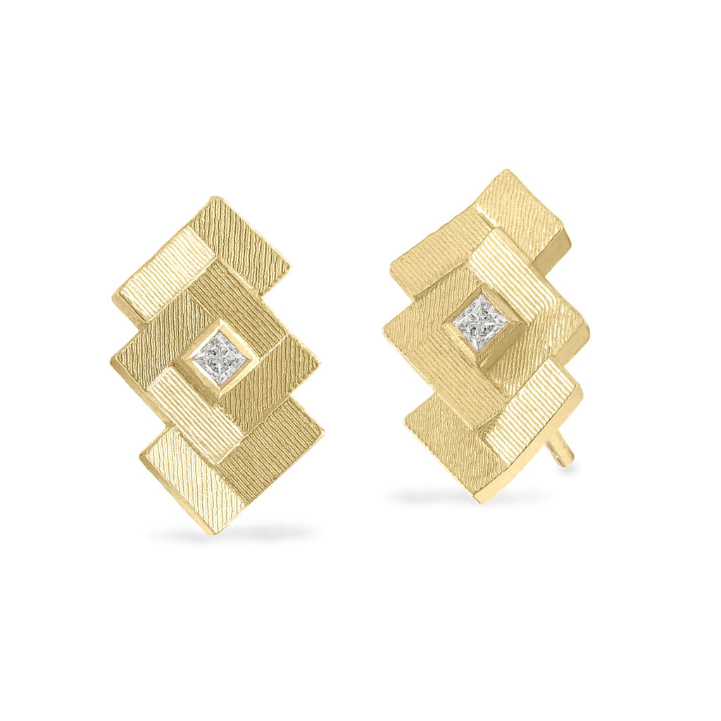 Jo Hayes Ward Princess Cut Diamond Reflective Gold Parquet Stud