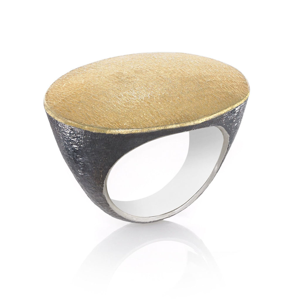 John Iversen Handmade Matte Gold Oxidized Silver Flat Top Ring (Special Order) John Iversen