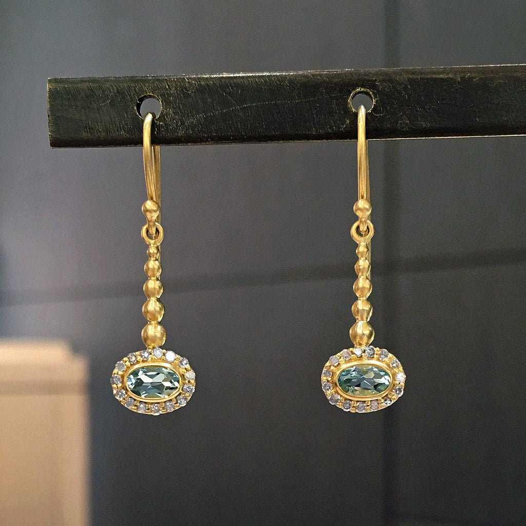 Kothari Faceted Soft Blue Aquamarine Diamond Gold Pendulum Earrings Kothari