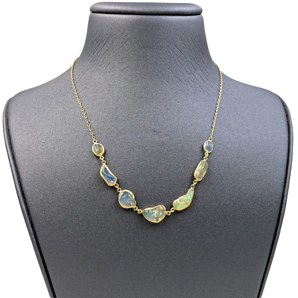 Kothari Fiery Freeform Mexican Opal In-Line Gold One of a Kind Necklace Kothari