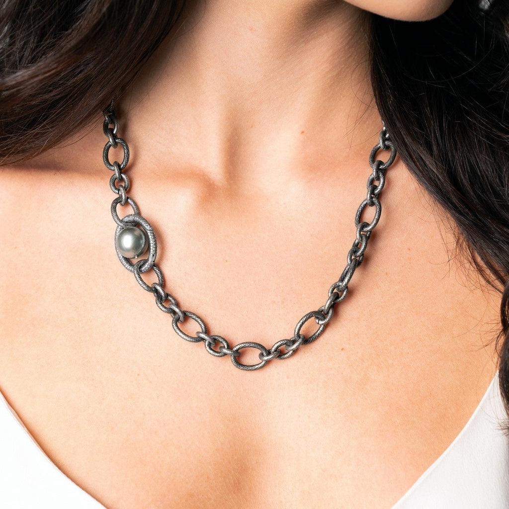 Liza Beth Tahitian Pearl Detachable Diamond Silver Link Necklace (Special Order) Liza Beth Jewelry