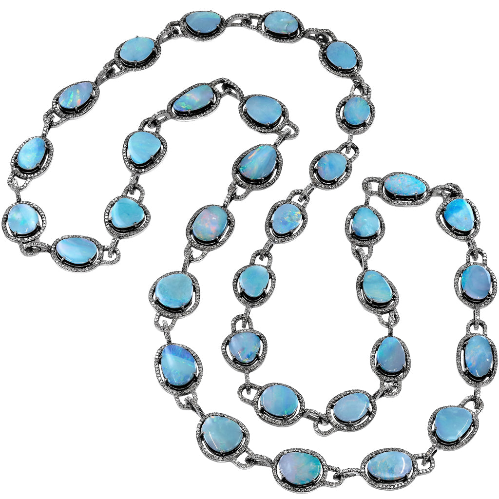 Lori Barros Blue Opal Pave Diamond Black Rhodium Silver Long Necklace Lori Barros