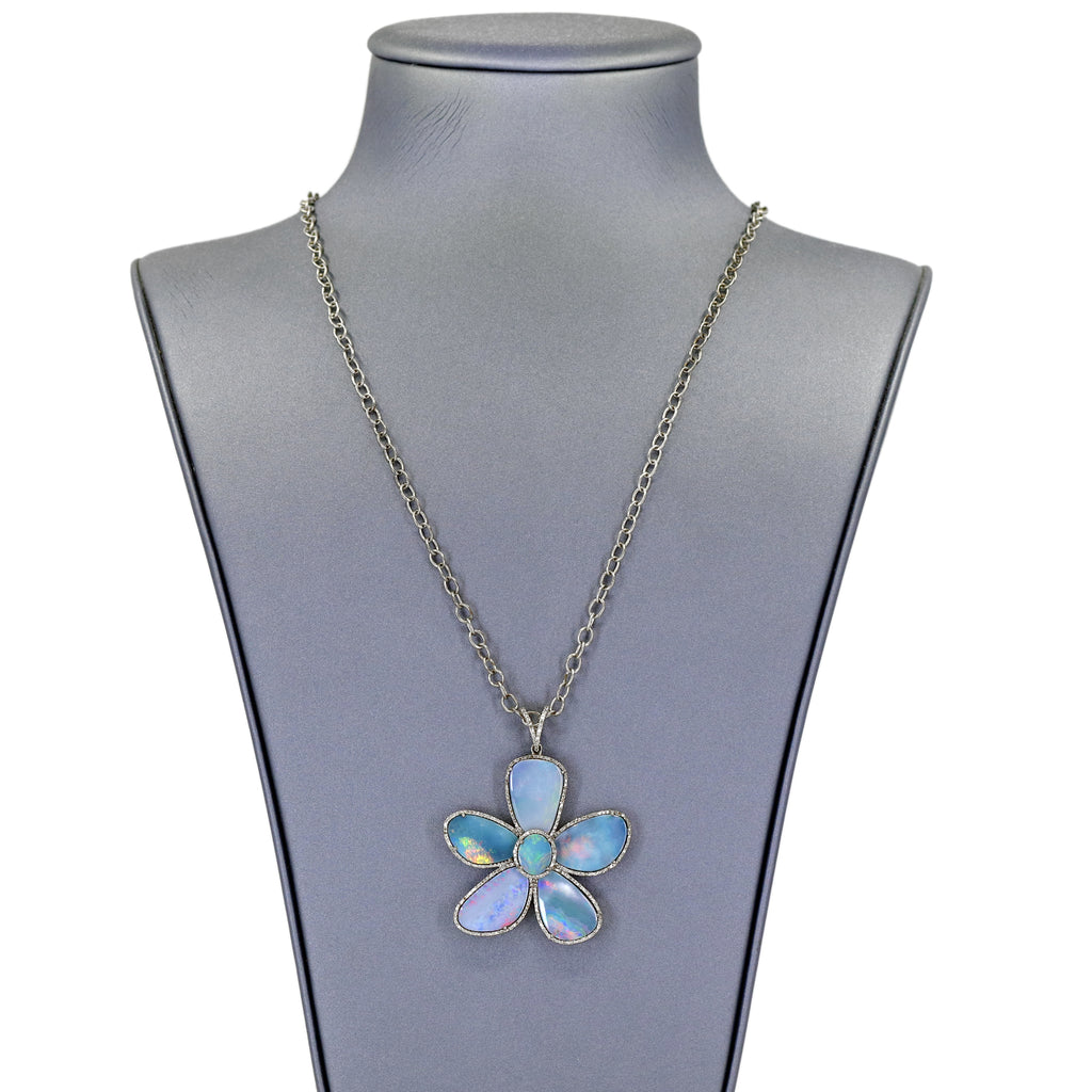 Lori Barros Blue Opal Pave Diamond Black Rhodium Silver Pendant Necklace Lori Barros