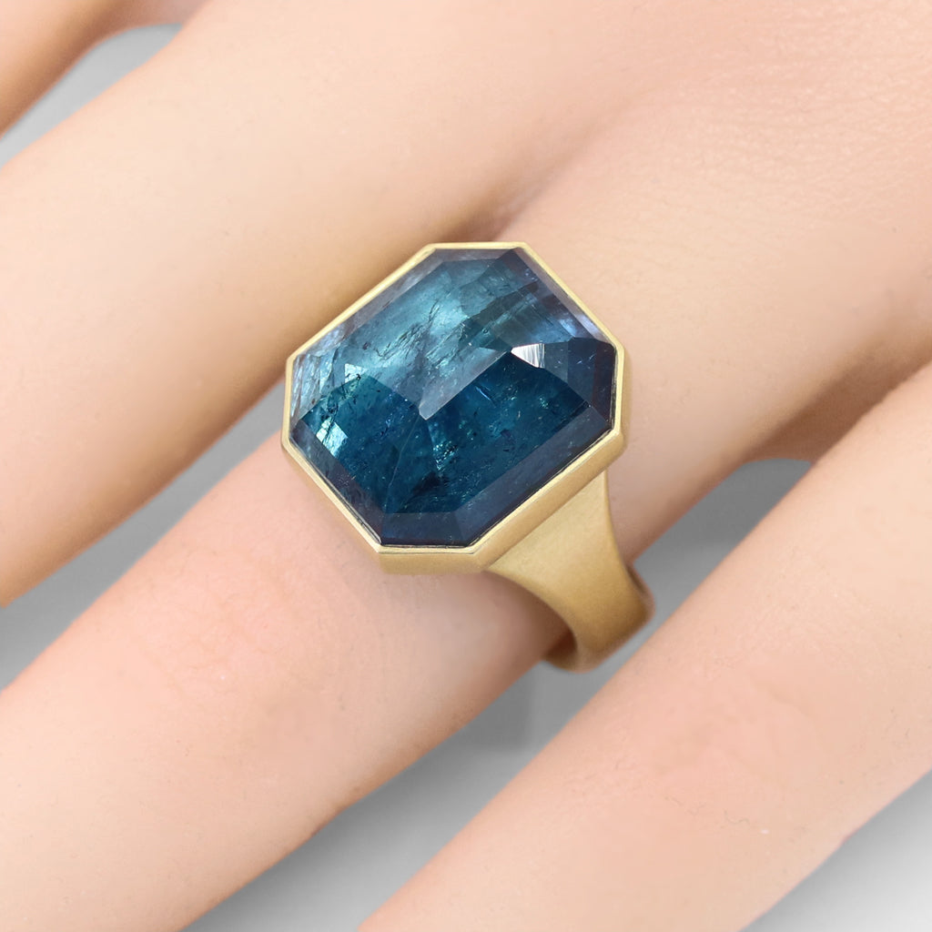 Lola Brooks 13.53 carat Deep Blue Indicolite Tourmaline Octagon Gold Ring Lola Brooks