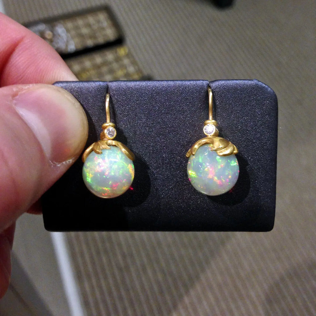 Lilly Fitzgerald Exceptional Hand-Carved Ethiopian Opal White Diamond Earrings - Lilly Fitzgerald - Szor Collections