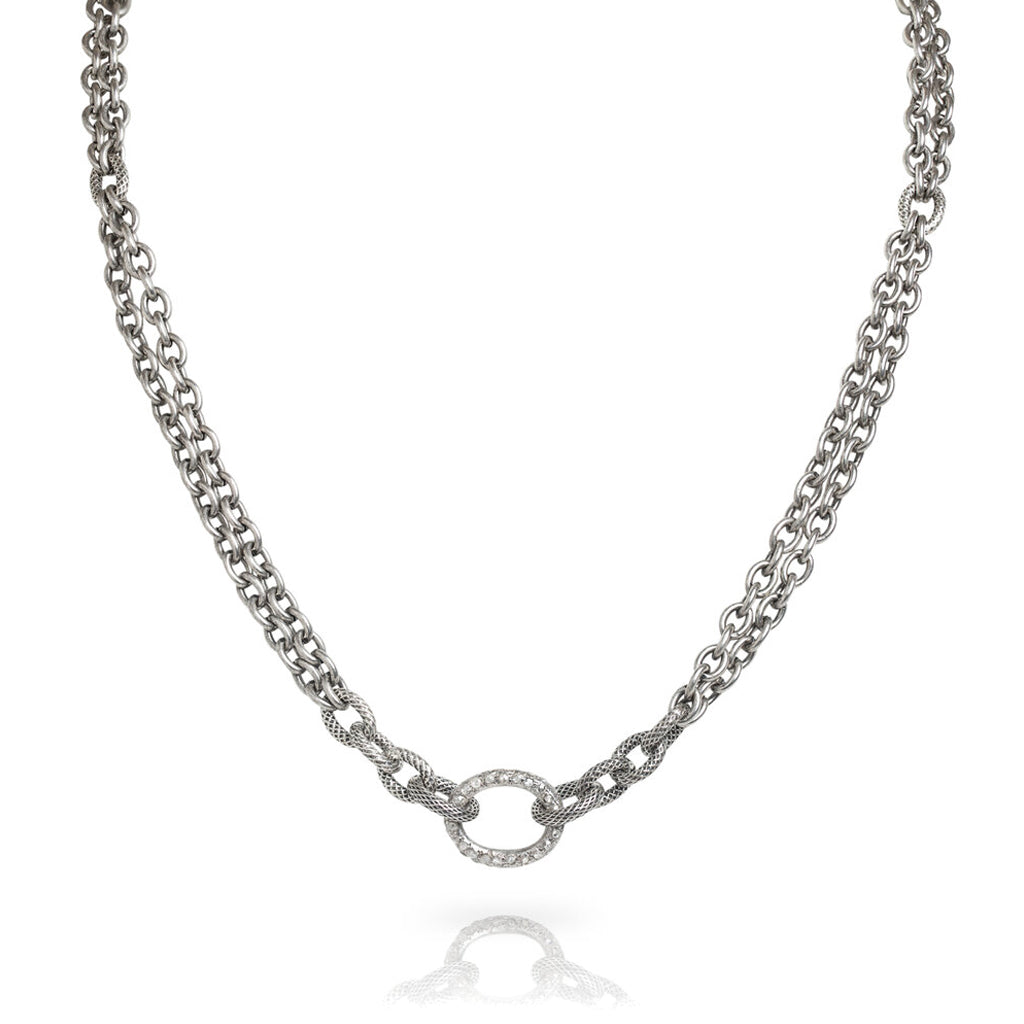 Liza Beth Single Pave Diamond Silver Link Double Chain Necklace Liza Beth Jewelry