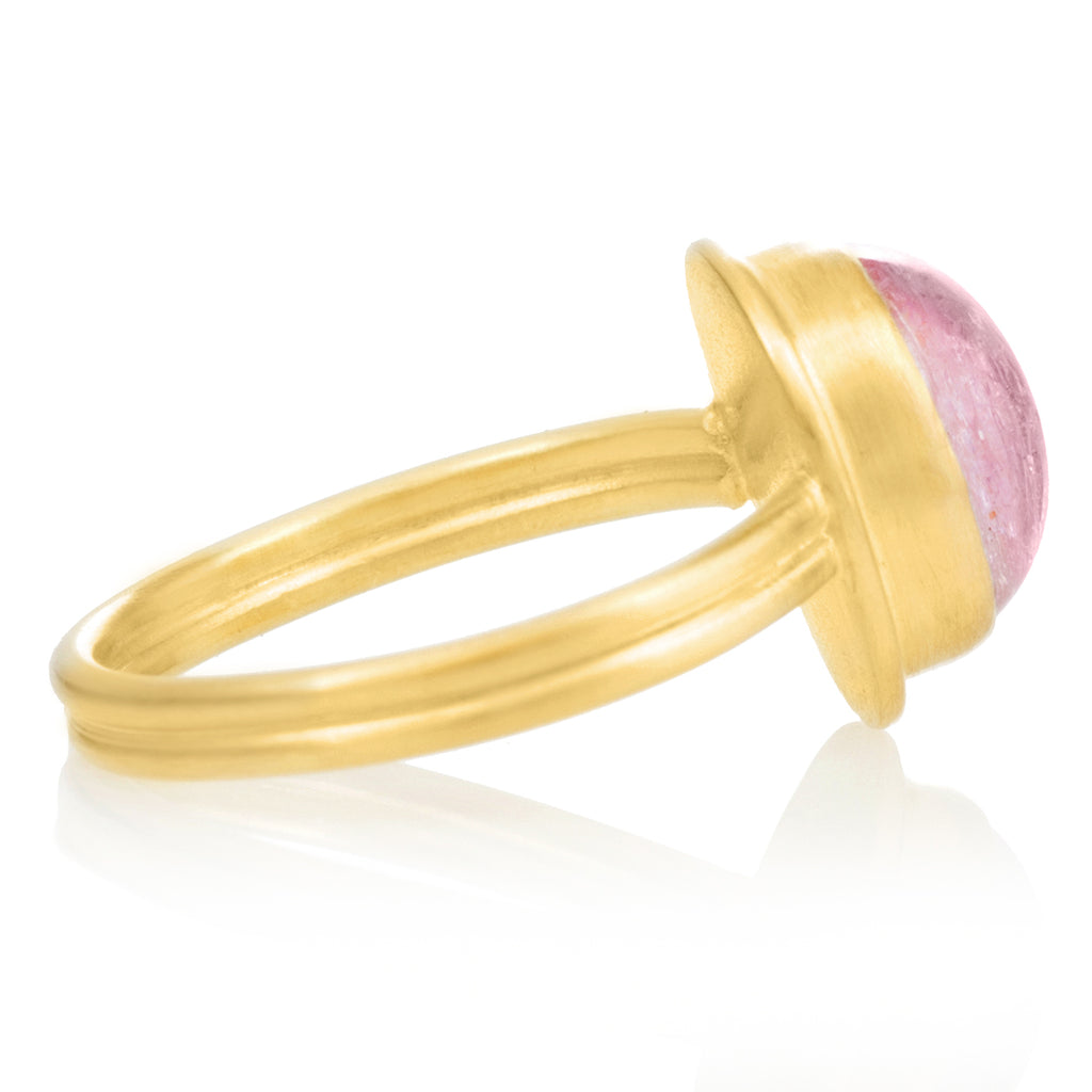 Monica Marcella Glowing Pink Topaz Oval Cabochon Ridged Gold Band Ring Monica Marcella