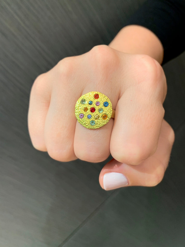 Petra Class Multicolored Sapphires 22k Gold One of a Kind Lava Disc Ring