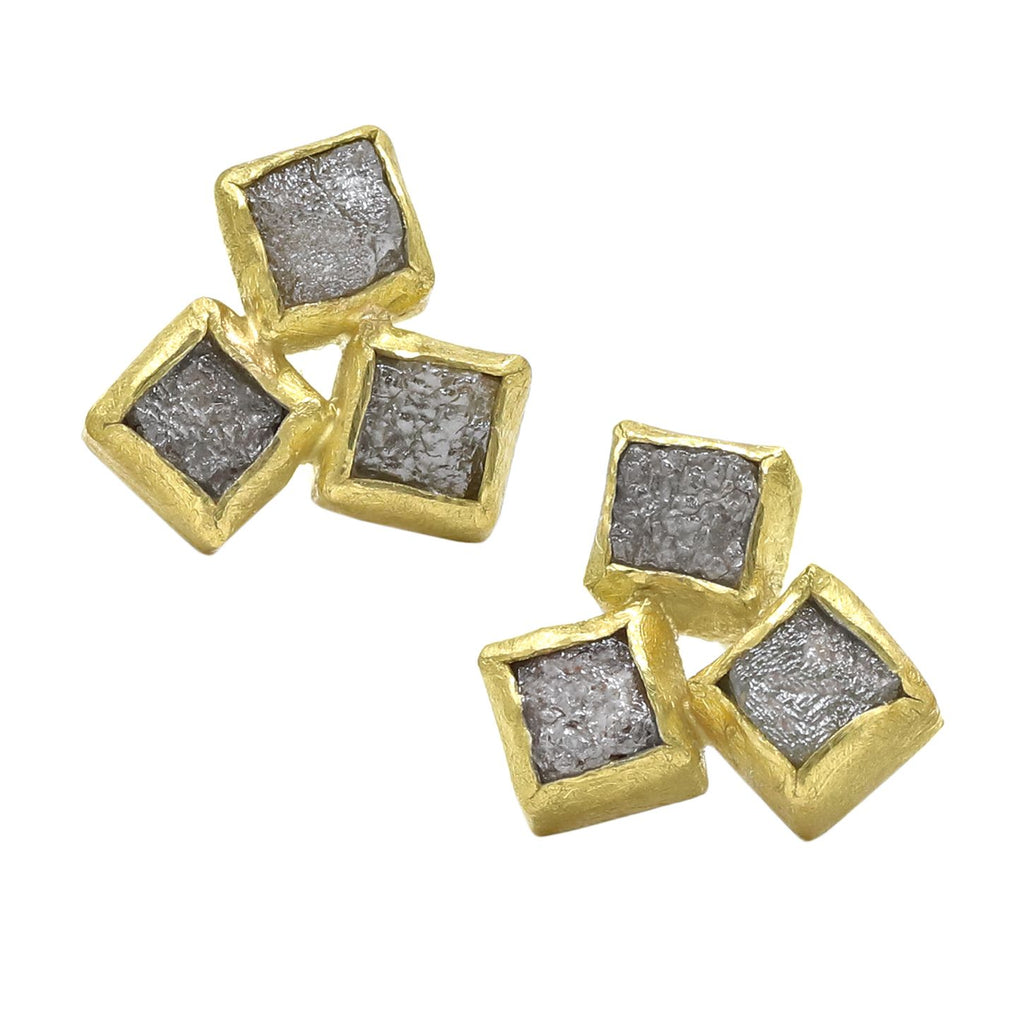 Petra Class Natural Rough Diamond Gold Triple Stone Stud Earrings Petra Class