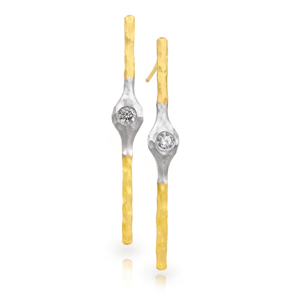 Pamela Froman White Diamond Yellow and White Hammered Gold Stick Earrings Pamela Froman