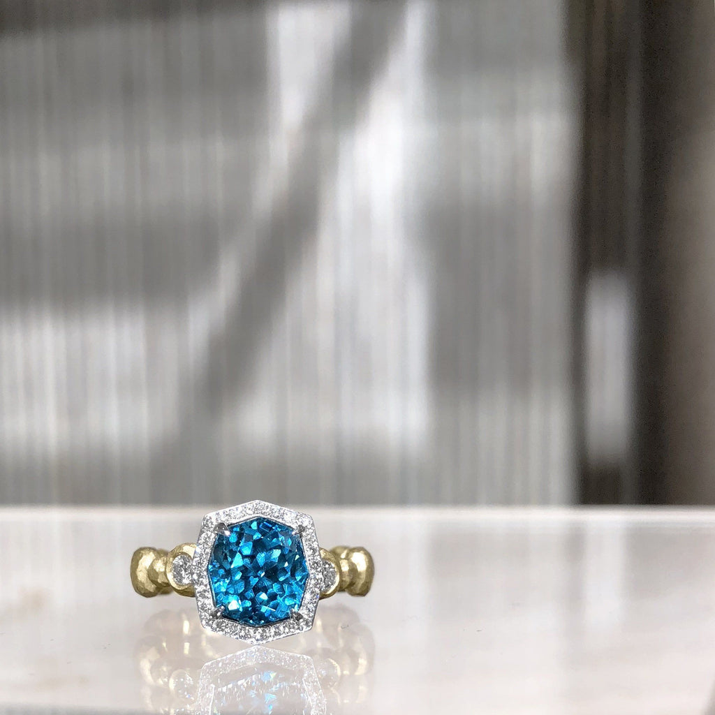 Pamela Froman Fancy-Cut Cambolite Blue Zircon White Diamond Gold Crush Ring Pamela Froman