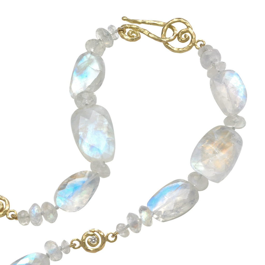 Pamela Froman Long Rainbow Moonstone Diamond Gold Scrolls Necklace Pamela Froman