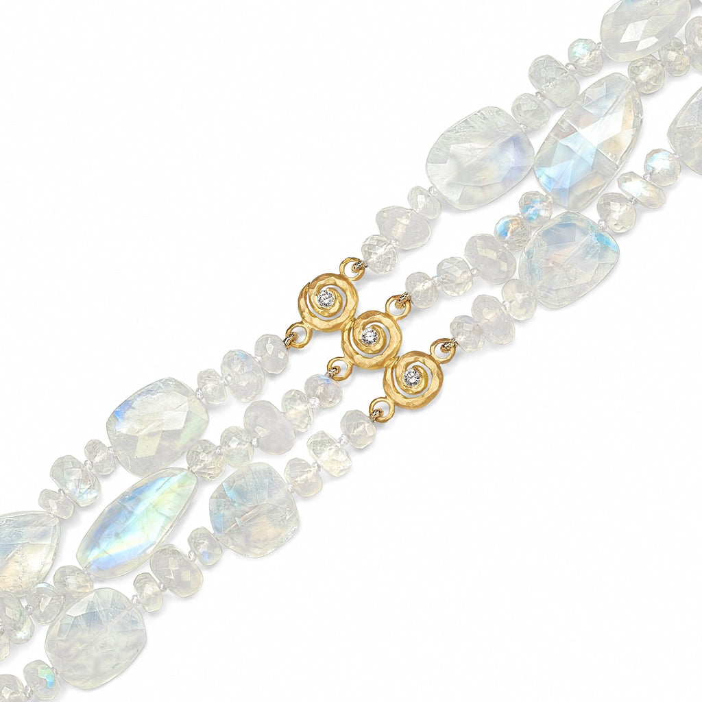 Pamela Froman Rainbow Moonstone White Diamond Gold Triple Scroll Bracelet Pamela Froman