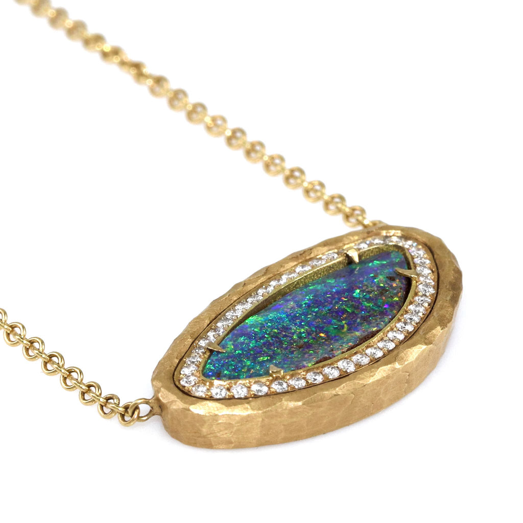 Pamela Froman Rainbow Fire Boulder Opal Diamond Gold Drop Necklace Pamela Froman