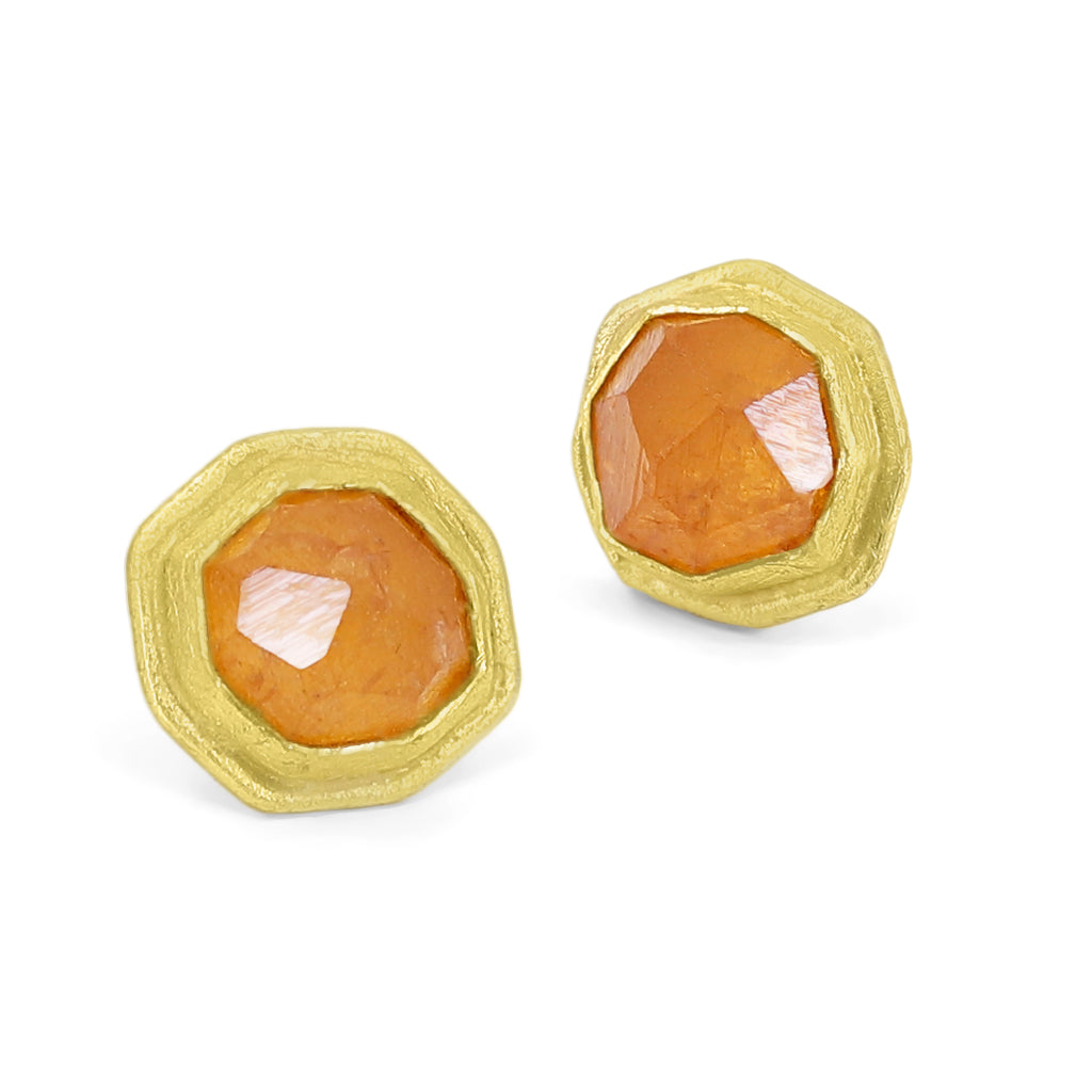 Petra Class Rough Orange Spessartite Garnet Yellow Gold Octagon Stud Earrings