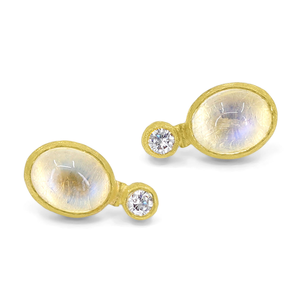 Petra Class Moonstone + Diamond Double Stone Yellow Gold Stud Earrings