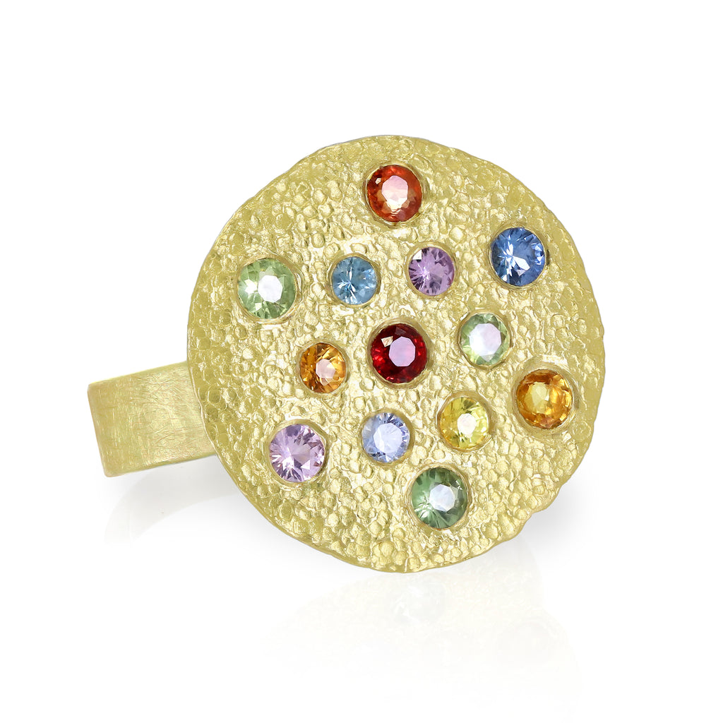 Petra Class Multicolored Sapphires 22k Gold One of a Kind Lava Disc Ring