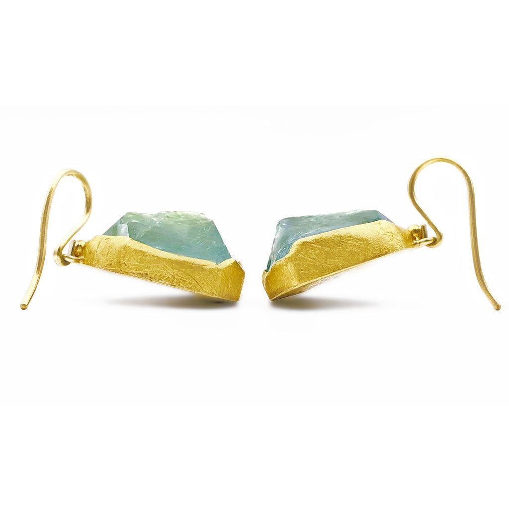 Petra Class Blue Green Rough Aquamarine Gold Dangle Drop Earrings Petra Class