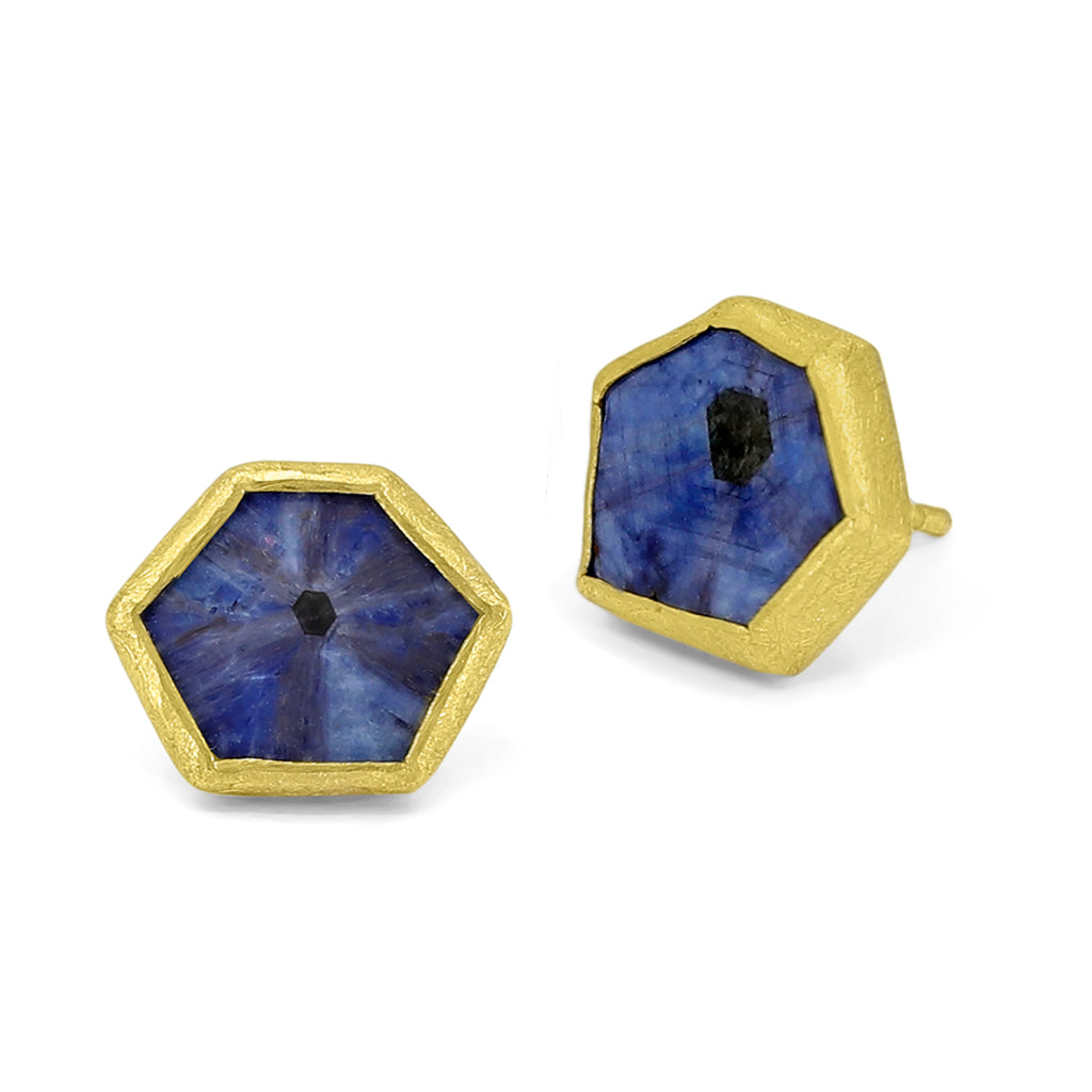 Petra Class Blue Sapphire Slice Yellow Gold Stud Earrings