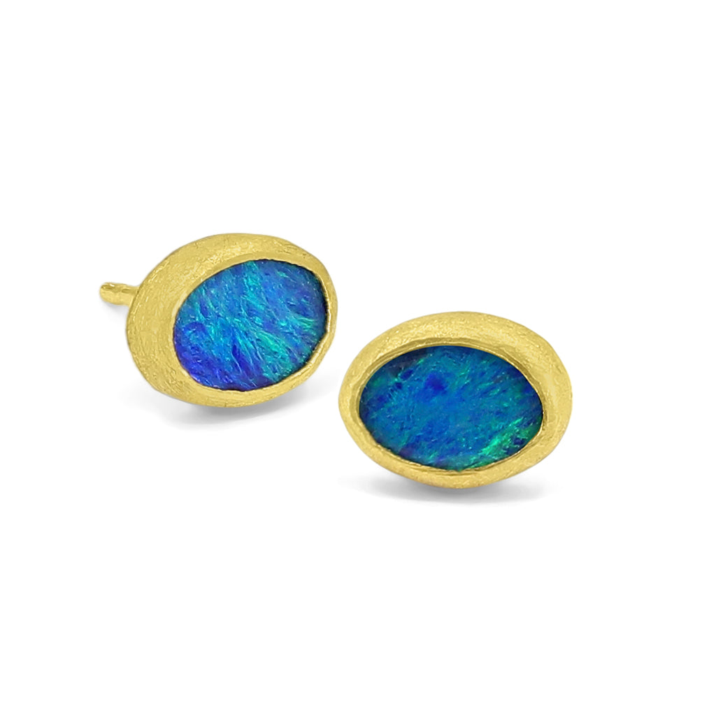 Petra Class Small Australian Opal Oval Yellow Gold Stud Earrings