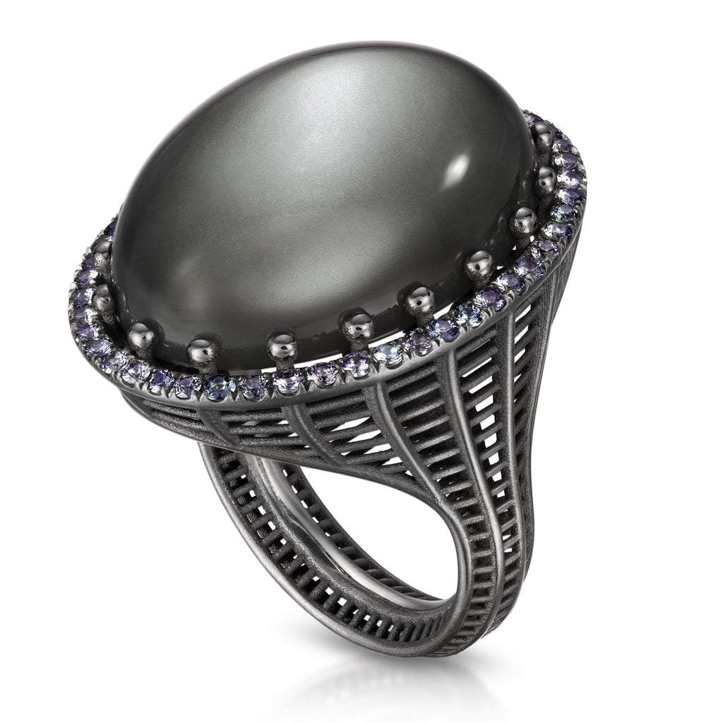 Roule and Co. One of a Kind Gray Moonstone Color-Change Garnet Black Gold Ring Roule and Co.