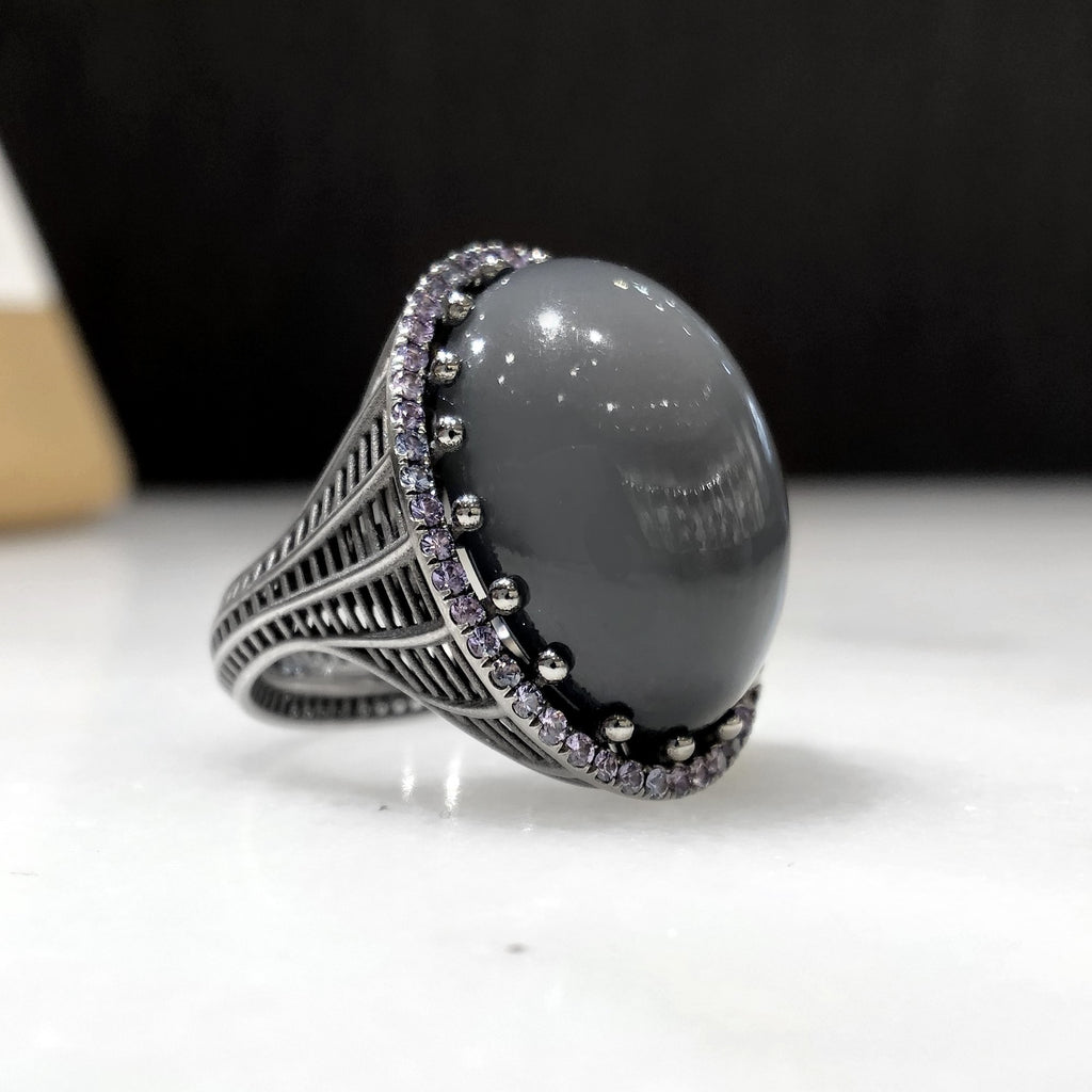 Roule and Co. One of a Kind Gray Moonstone Color-Change Garnet Black Gold Ring Roule and Co.