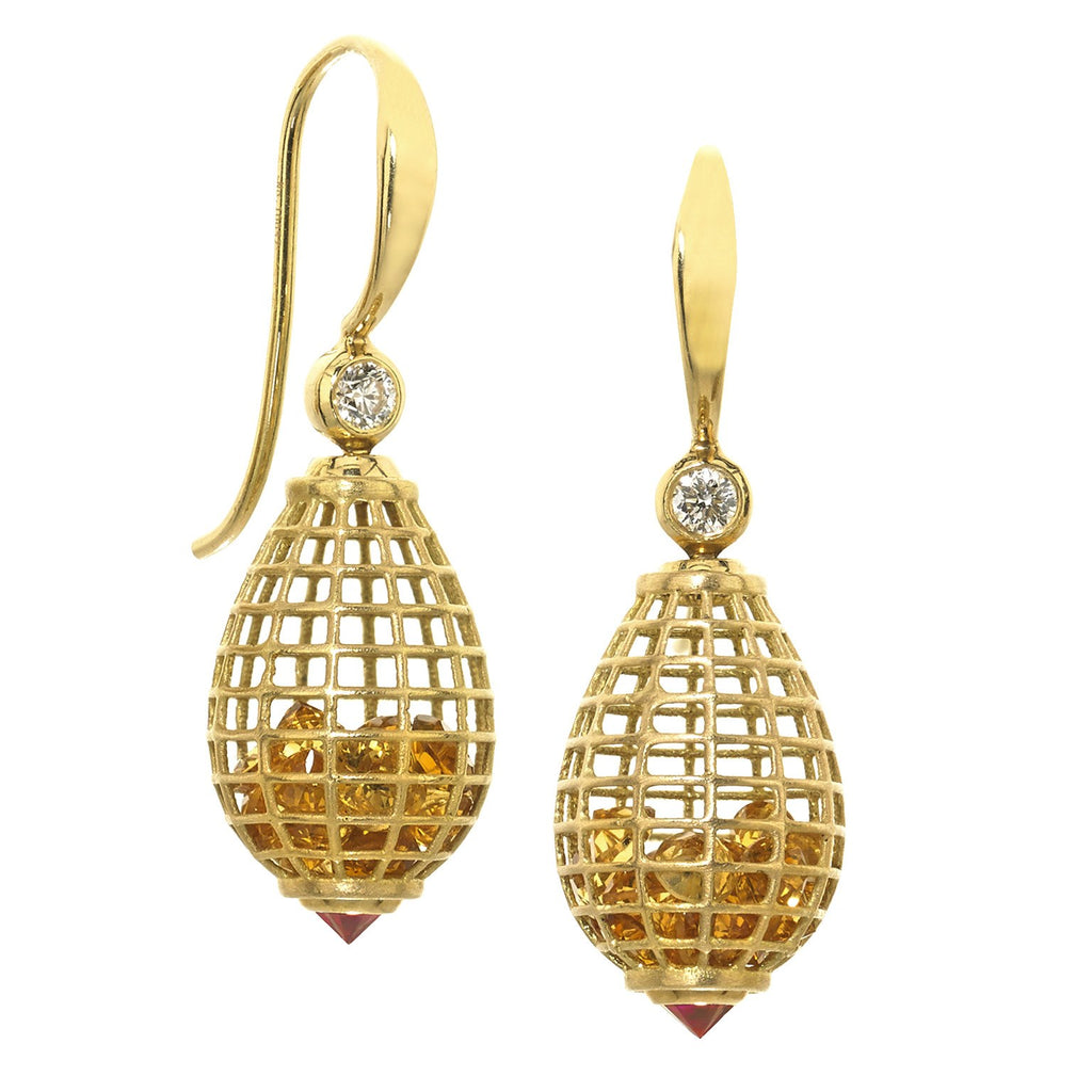 Roule and Co. Honey Citrine Inverted Ruby Diamond gold Shaker Drop Earrings Szor Collections