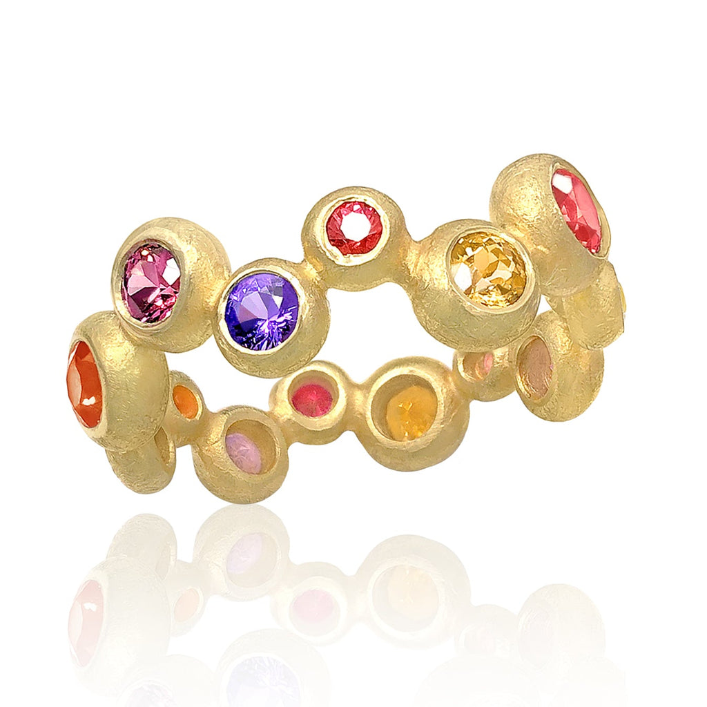 Barbara Heinrich Vibrant Multi-Color Sapphire Matte Gold Random Bubble Band Ring Barbara Heinrich