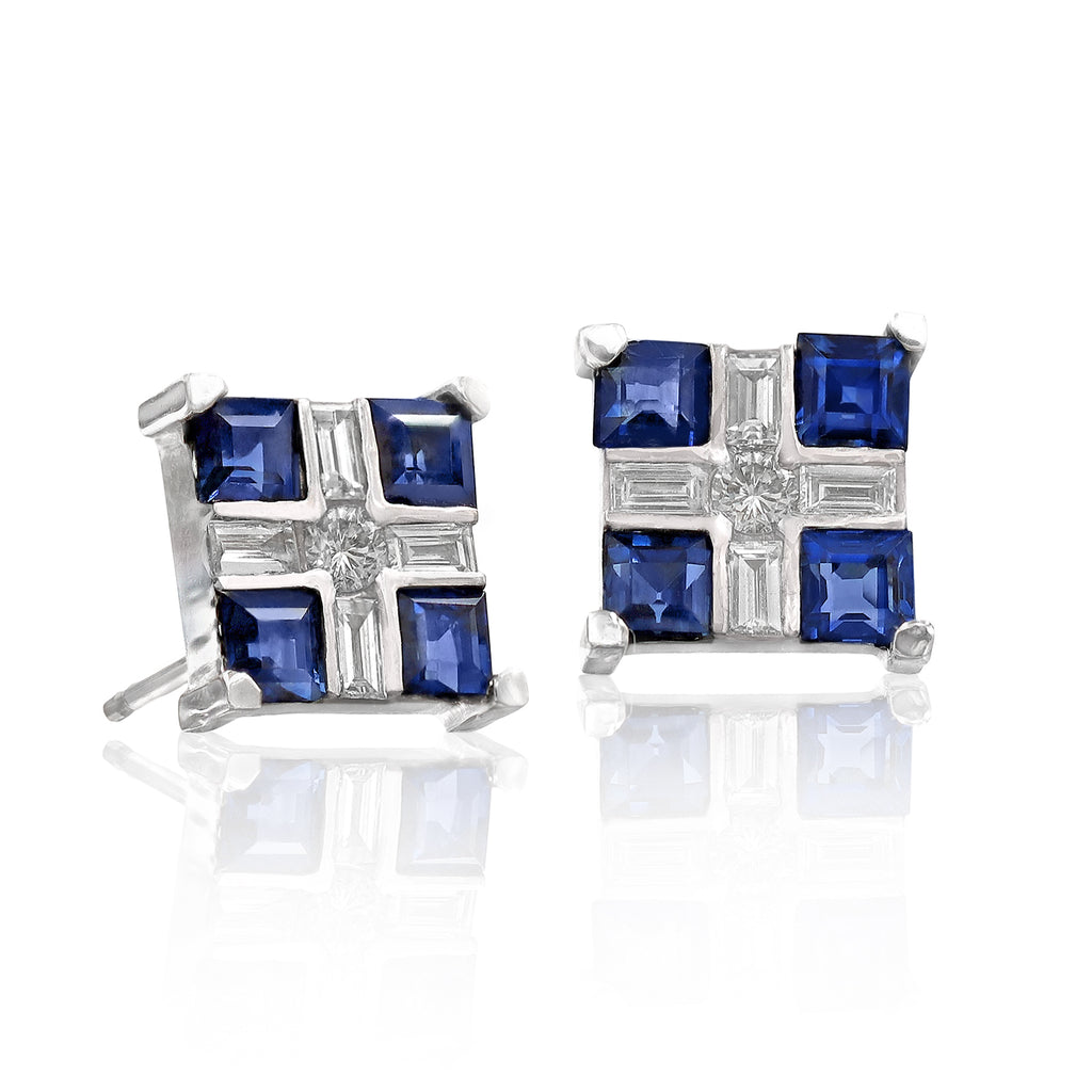 Russell Trusso Baguette Round Diamond Princess Blue Sapphire Stud Earr