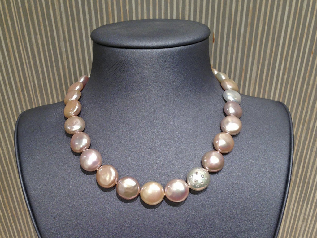 Russell Trusso One of a Kind Graduated Coin Pearl Diamond-Embedded Gold Necklace (Special Order) Russell Trusso